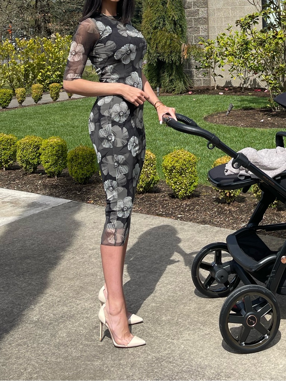 FUZZI Floral Black and Gray Long Sleeve Dress